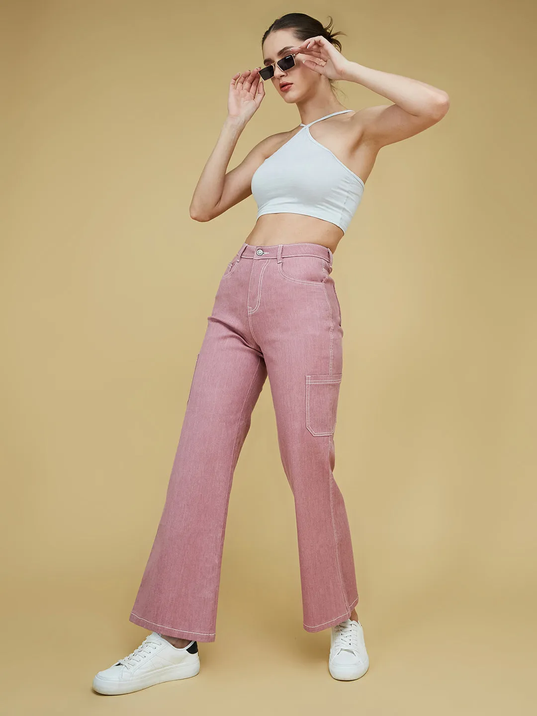 24/7 Comfort Women's Dusty Pink Wide-Leg High Rise Clean Look Regular-Length Stretchable Denim Pants