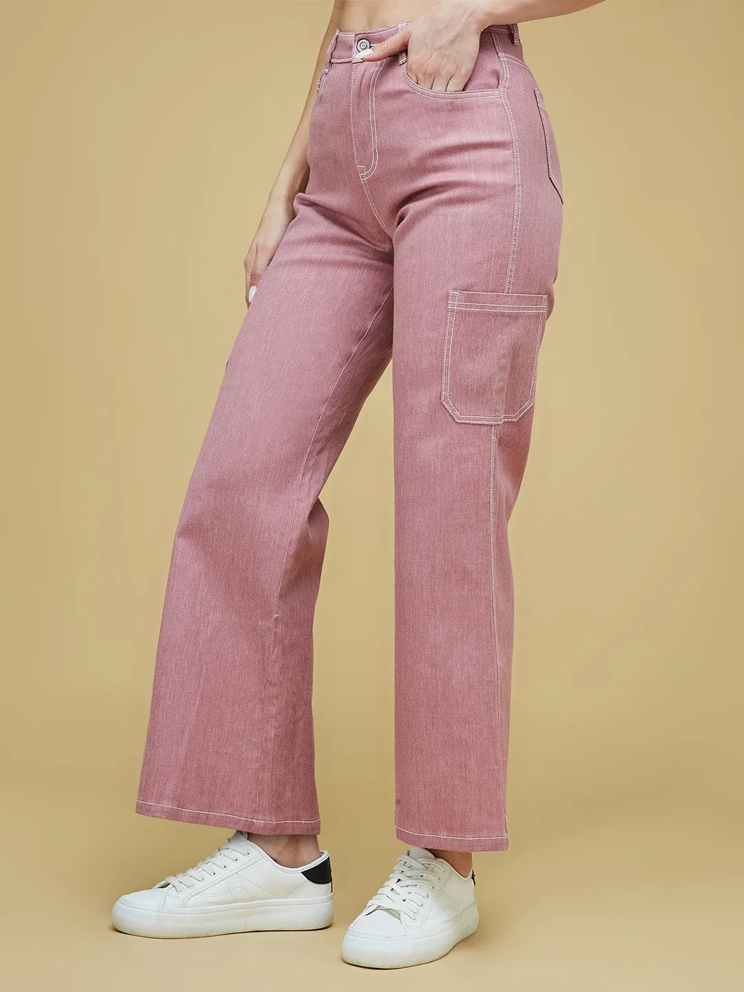 24/7 Comfort Women's Dusty Pink Wide-Leg High Rise Clean Look Regular-Length Stretchable Denim Pants