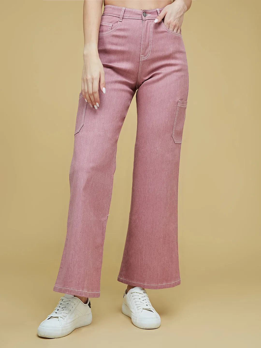 24/7 Comfort Women's Dusty Pink Wide-Leg High Rise Clean Look Regular-Length Stretchable Denim Pants