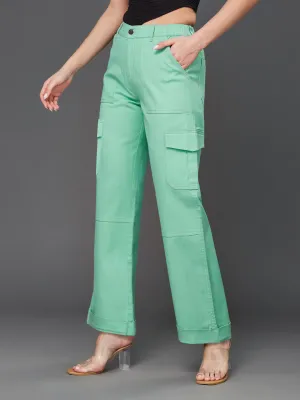 24/7 comfort Women's Turquoise Wide Leg High Rise Clean Look Regular Length Stretchable Denim Pants