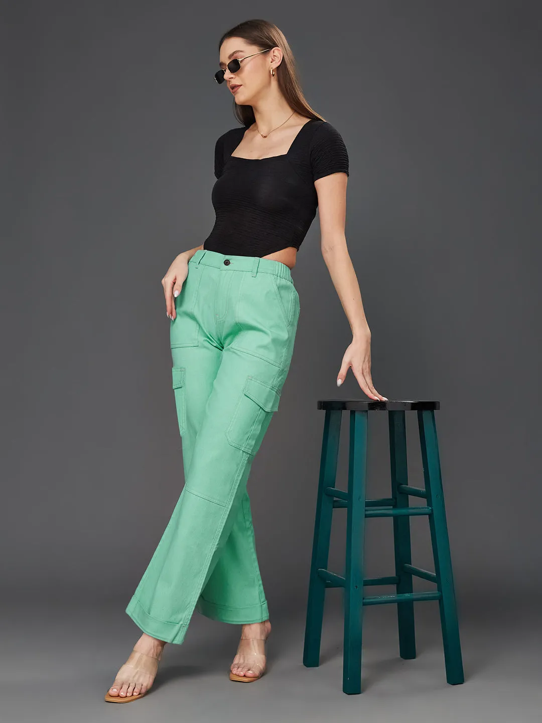 24/7 comfort Women's Turquoise Wide Leg High Rise Clean Look Regular Length Stretchable Denim Pants