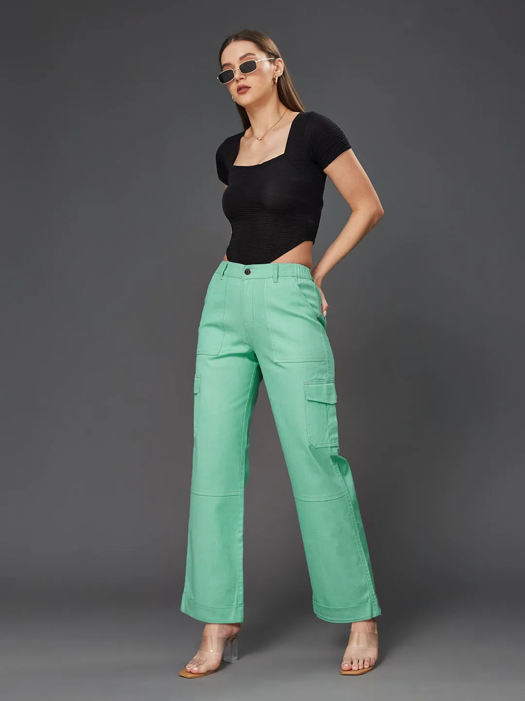 24/7 comfort Women's Turquoise Wide Leg High Rise Clean Look Regular Length Stretchable Denim Pants