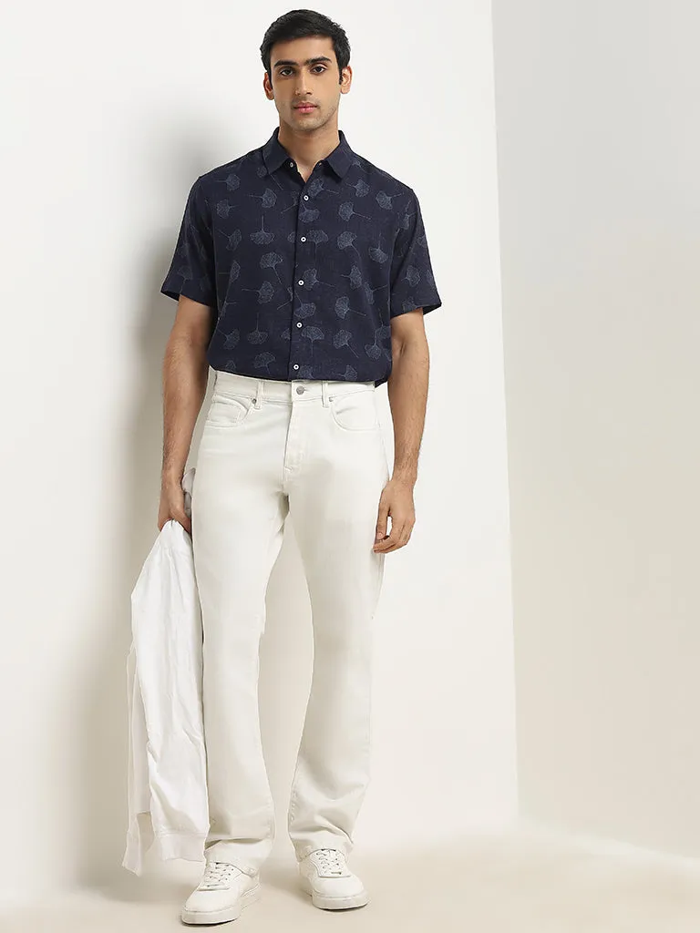 Ascot Navy Foliage Printed Relaxed-Fit Blended Linen Shirt