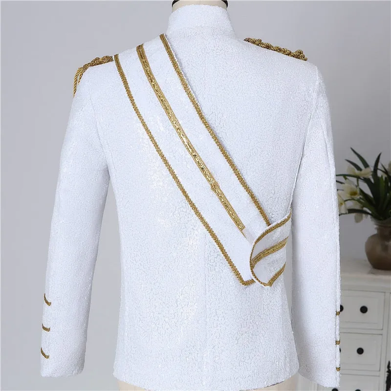 Black and White Sequin Decorated Cotton Polyester Military Blazer