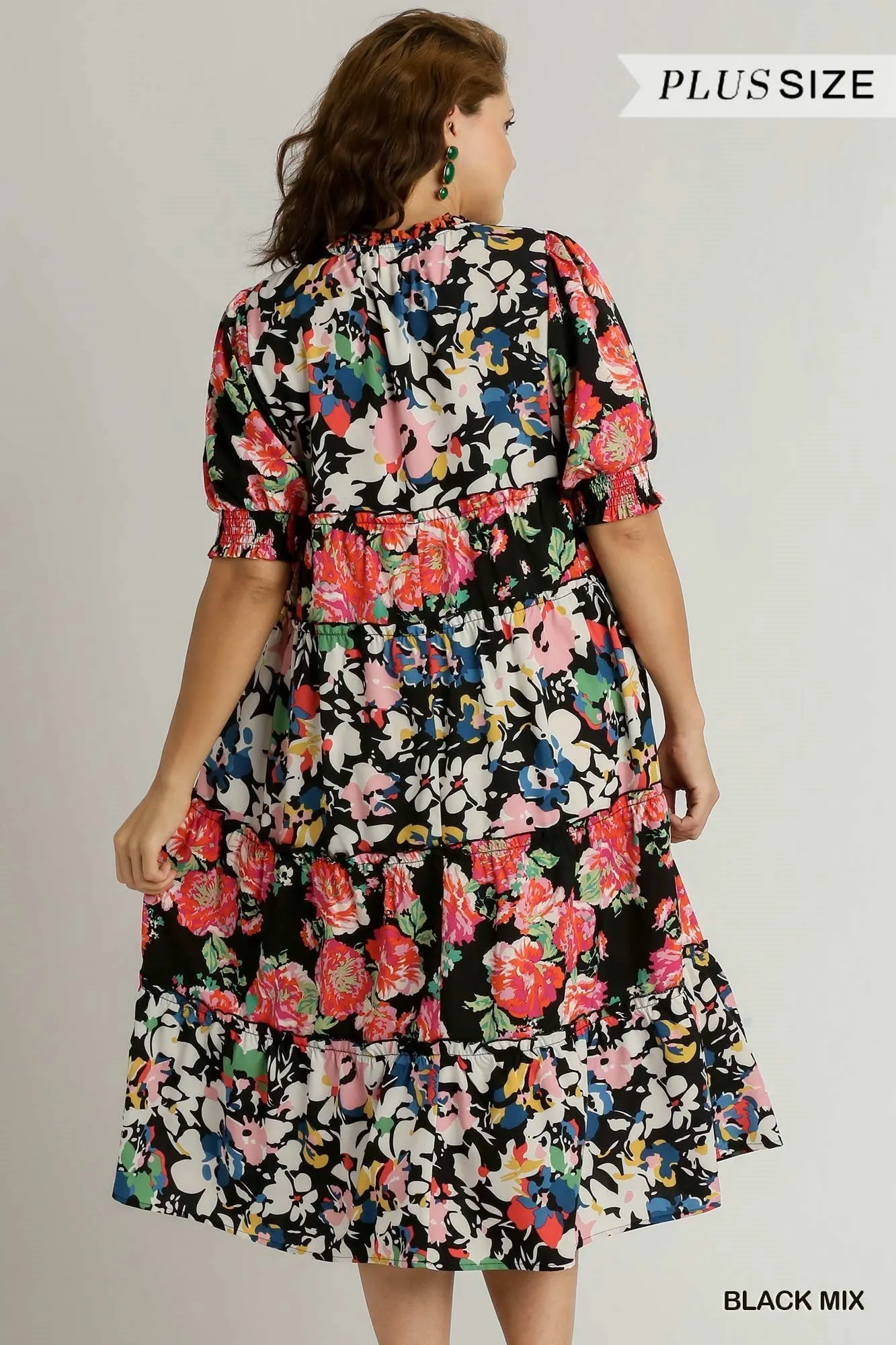 Black Floral Mix Midi Dress