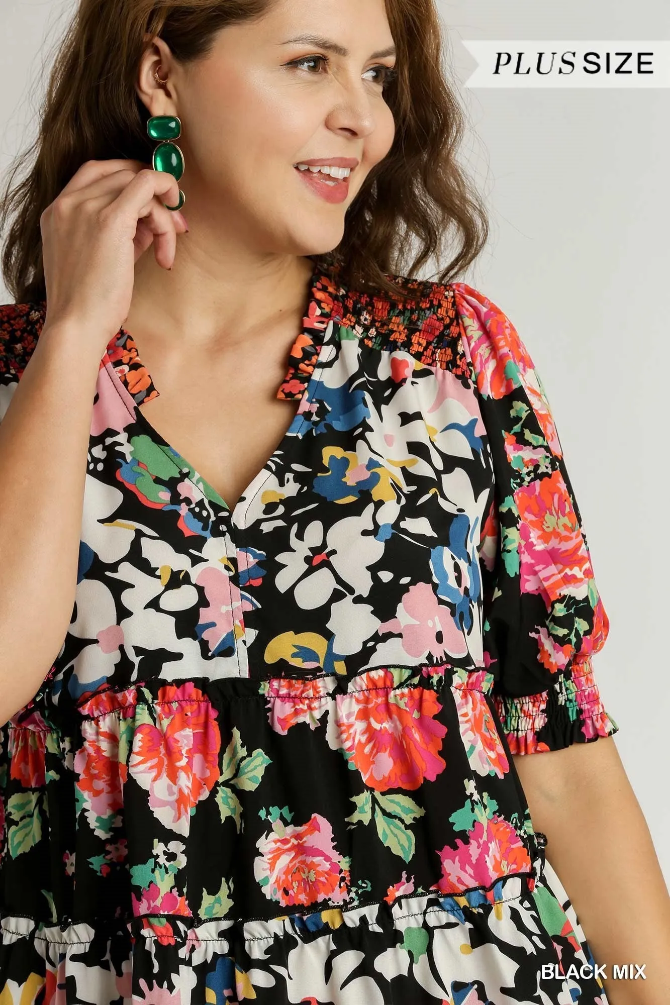 Black Floral Mix Midi Dress