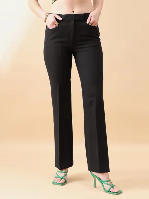 Black Polyester & Viscose Blend Bell Bottom Stretch Trouser