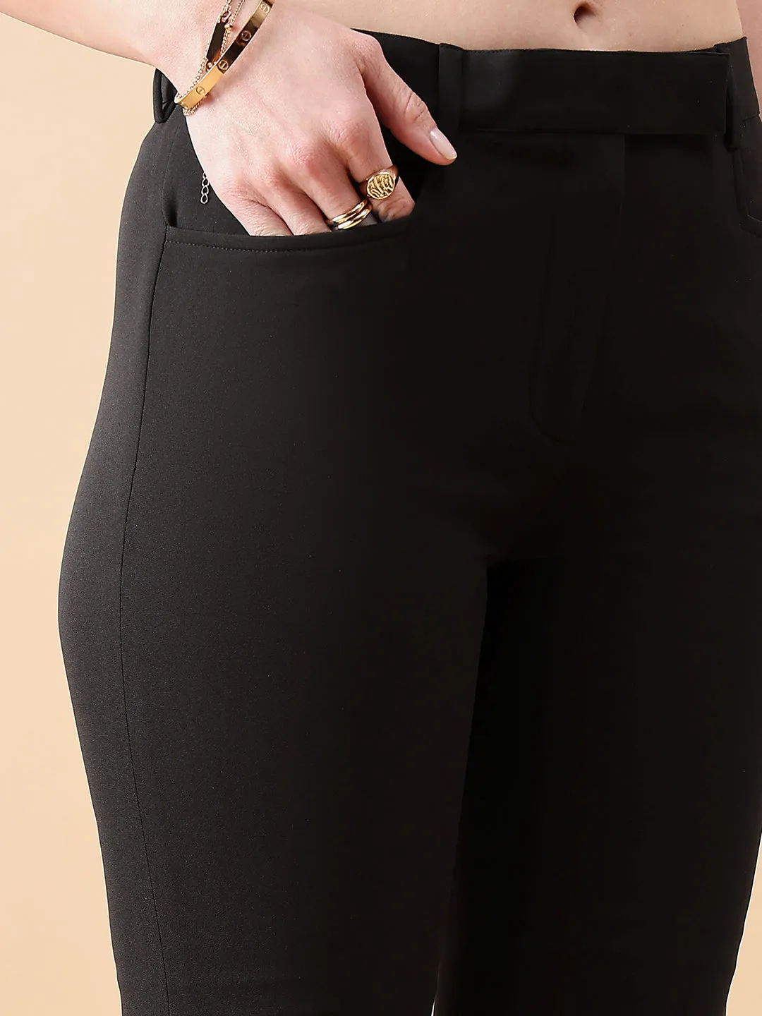 Black Polyester & Viscose Blend Bell Bottom Stretch Trouser