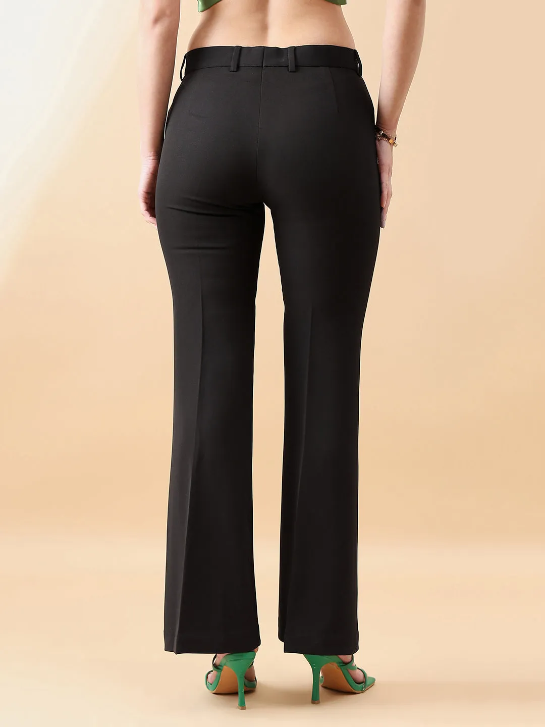 Black Polyester & Viscose Blend Bell Bottom Stretch Trouser