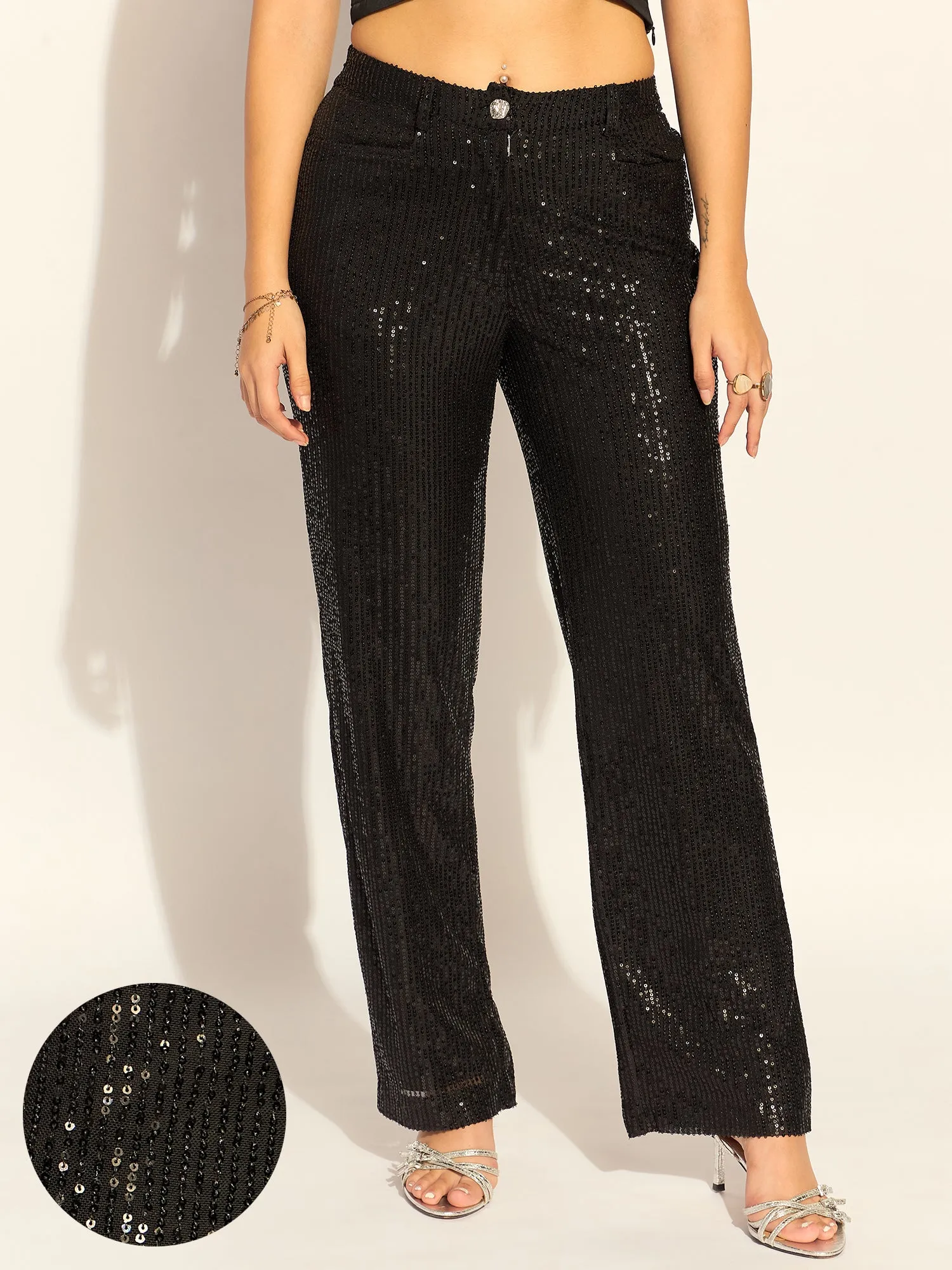 Black Sequined High Waist Trouser In Stretchable Fabric