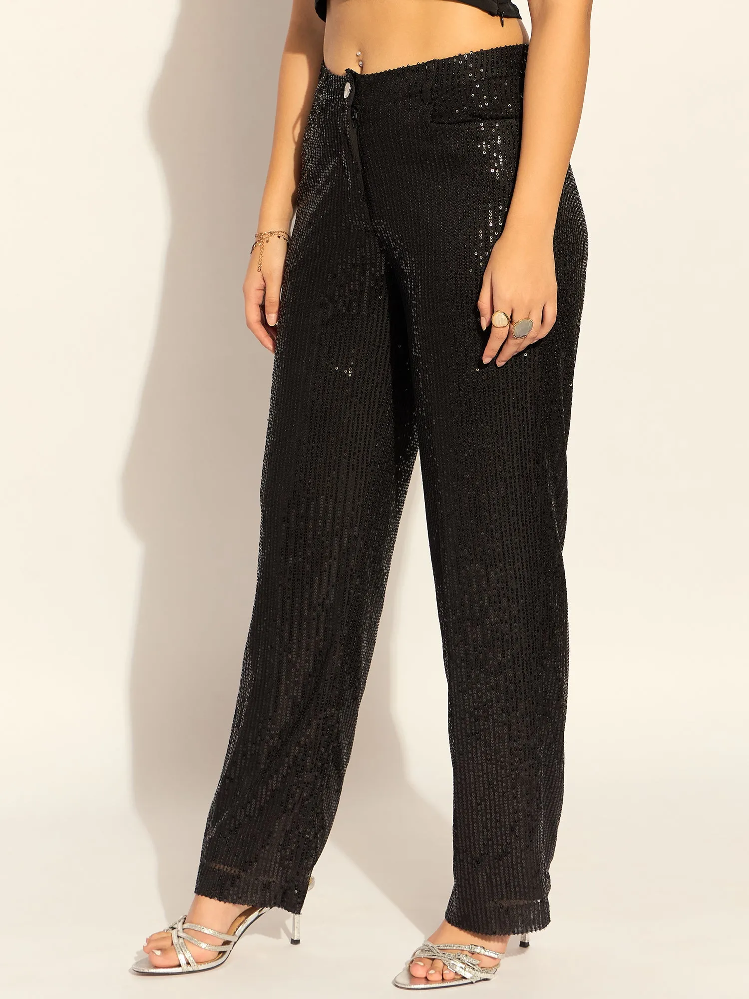 Black Sequined High Waist Trouser In Stretchable Fabric