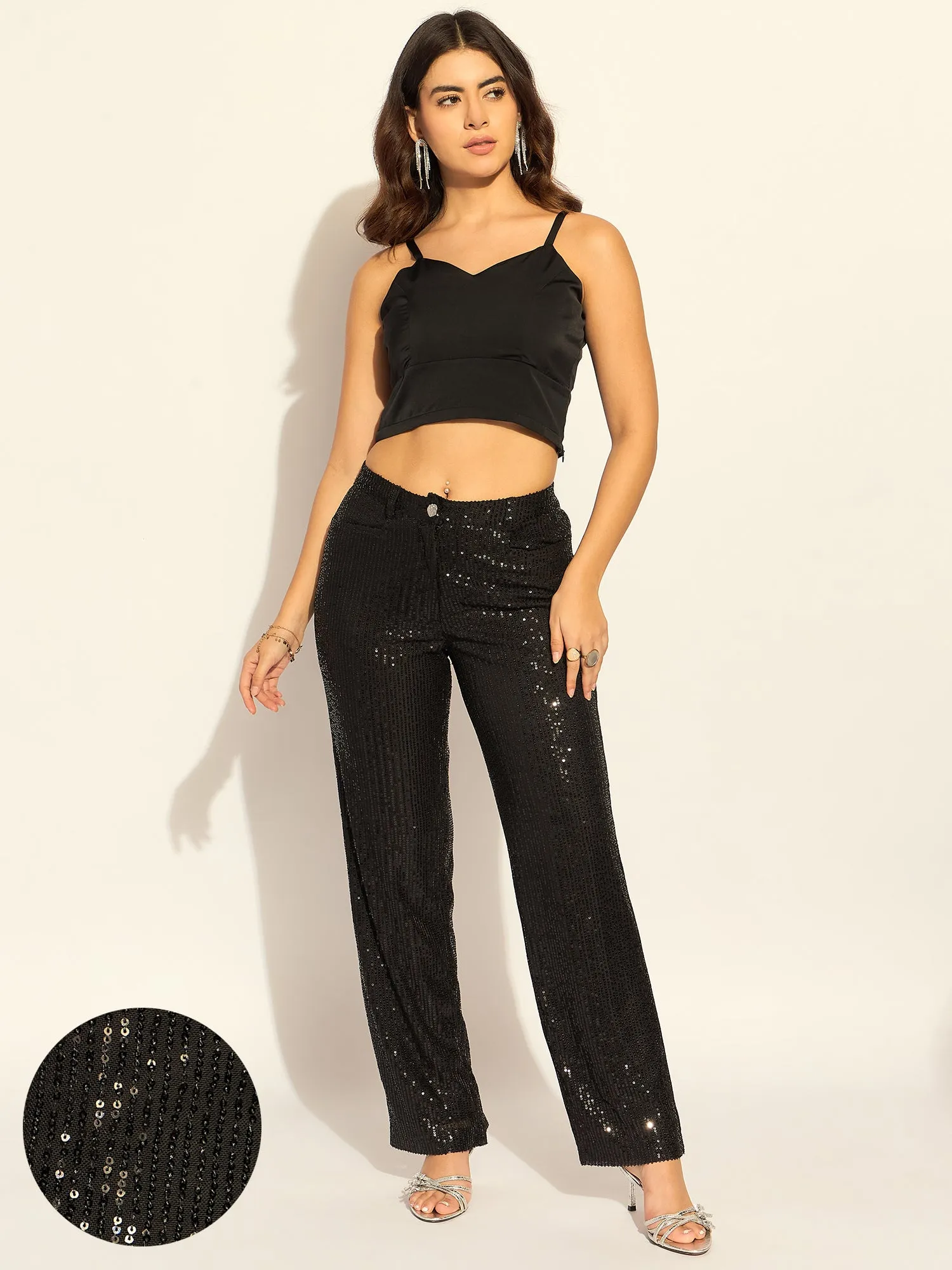 Black Sequined High Waist Trouser In Stretchable Fabric