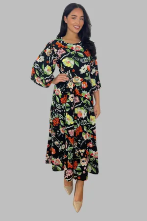 Black Spring Floral Print Maxi Dress