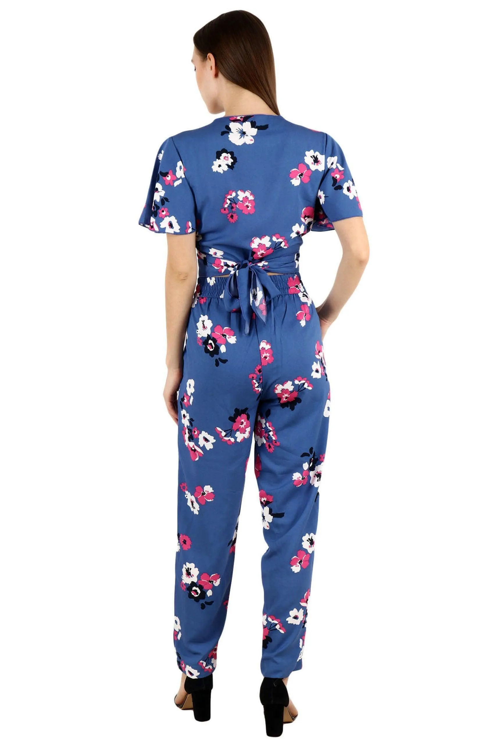 Blue Floral Printed Wrap Around Top with Trousers