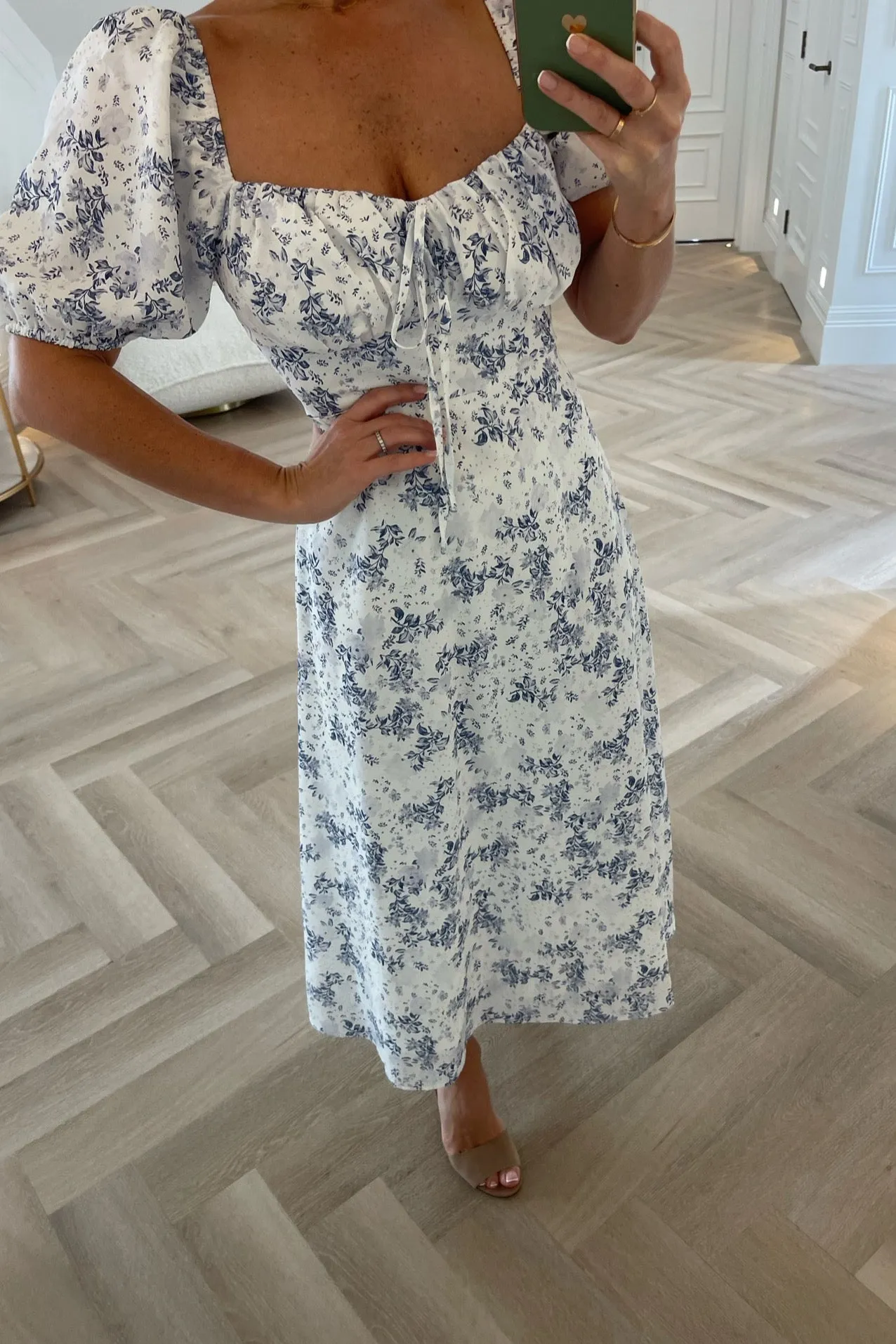 BLUE FLORAL SQUARE NECK MIDI DRESS