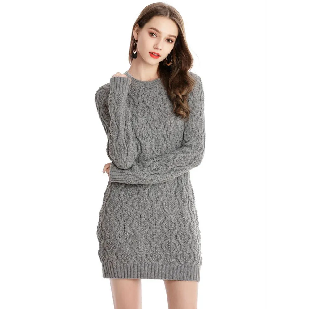 Casual Solid Grey Crew Neck Chunky Cable Knit Long Sweater