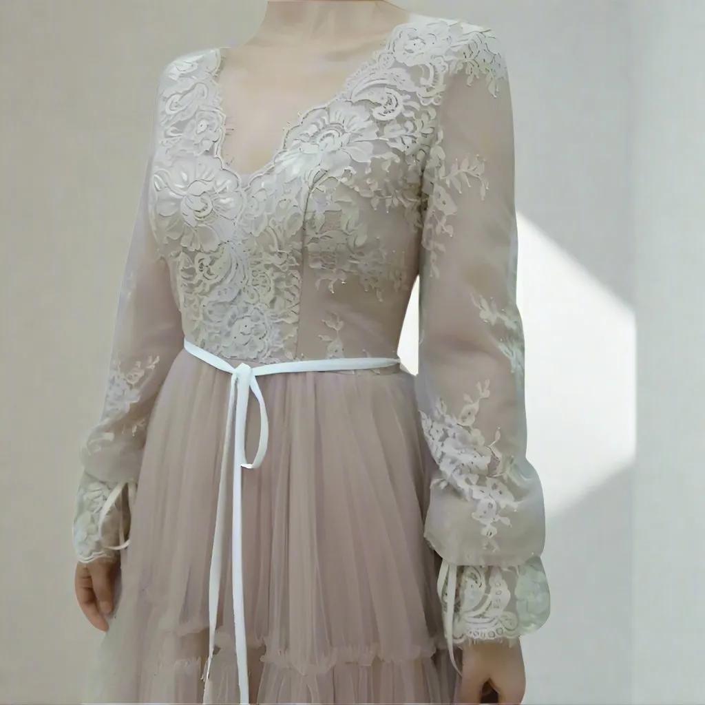 Chic V-neck Flowy Tulle Long Sleeves Floor Length Wedding Dress