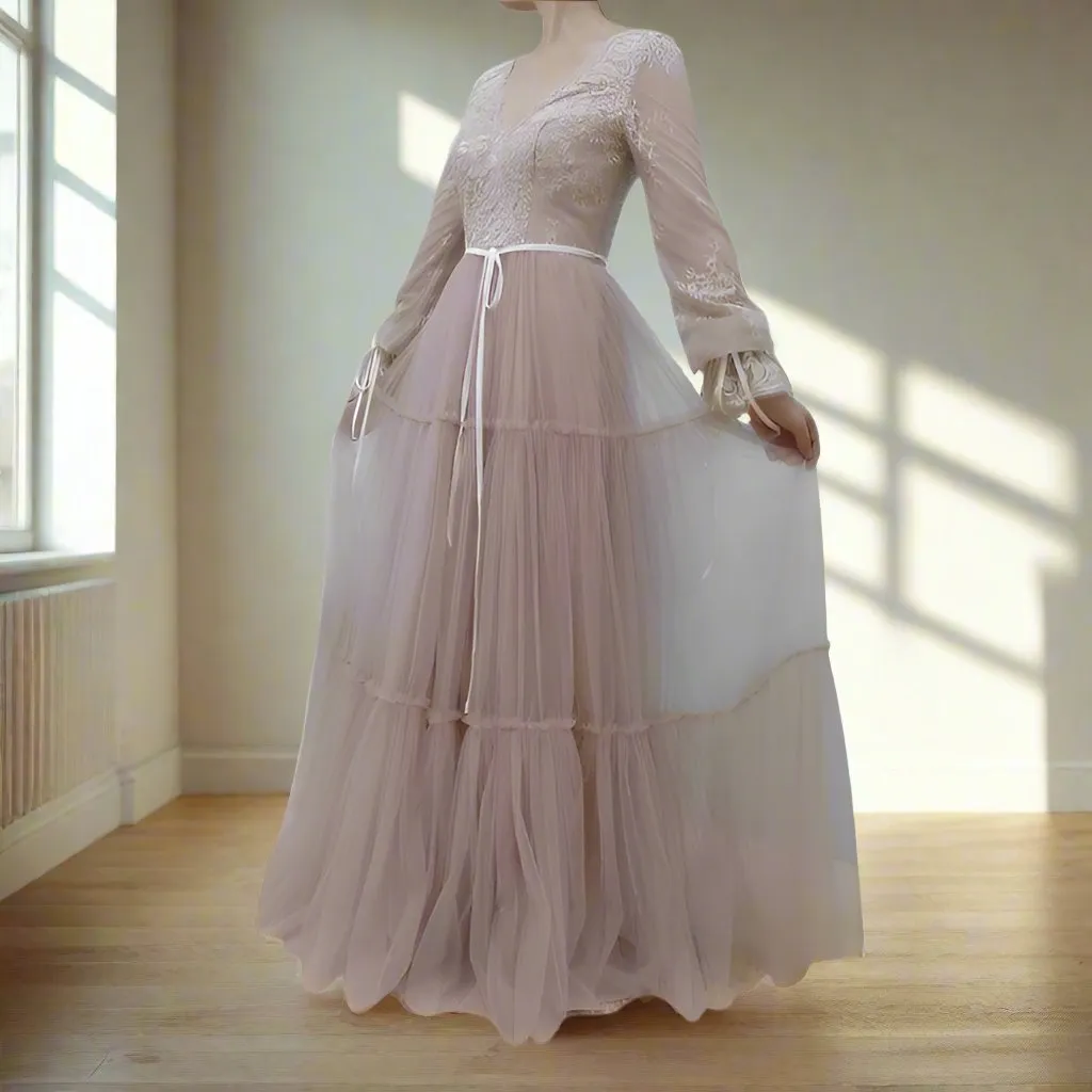 Chic V-neck Flowy Tulle Long Sleeves Floor Length Wedding Dress