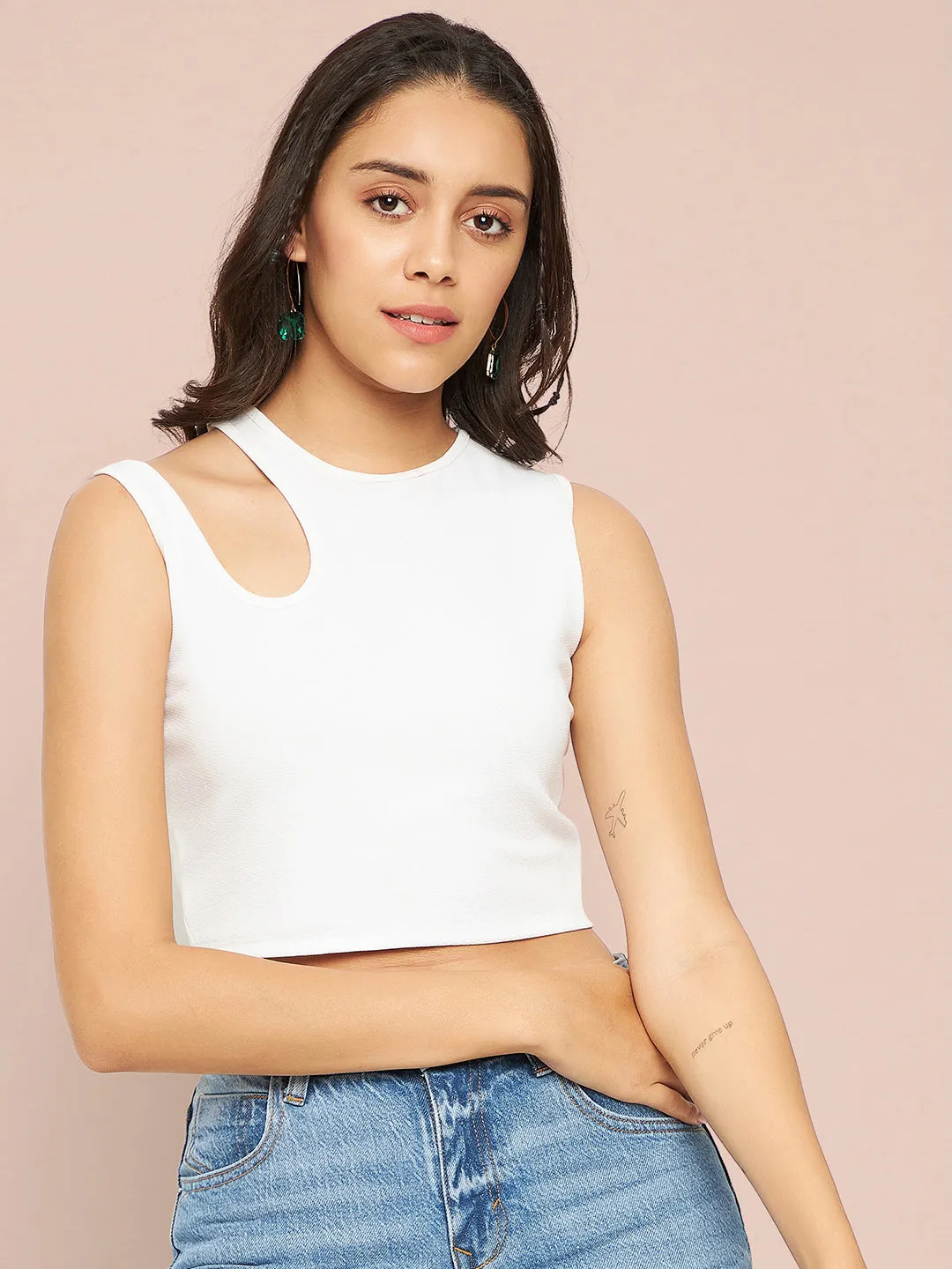 Cotton Stretchable Shoulder Cutout Crop Top