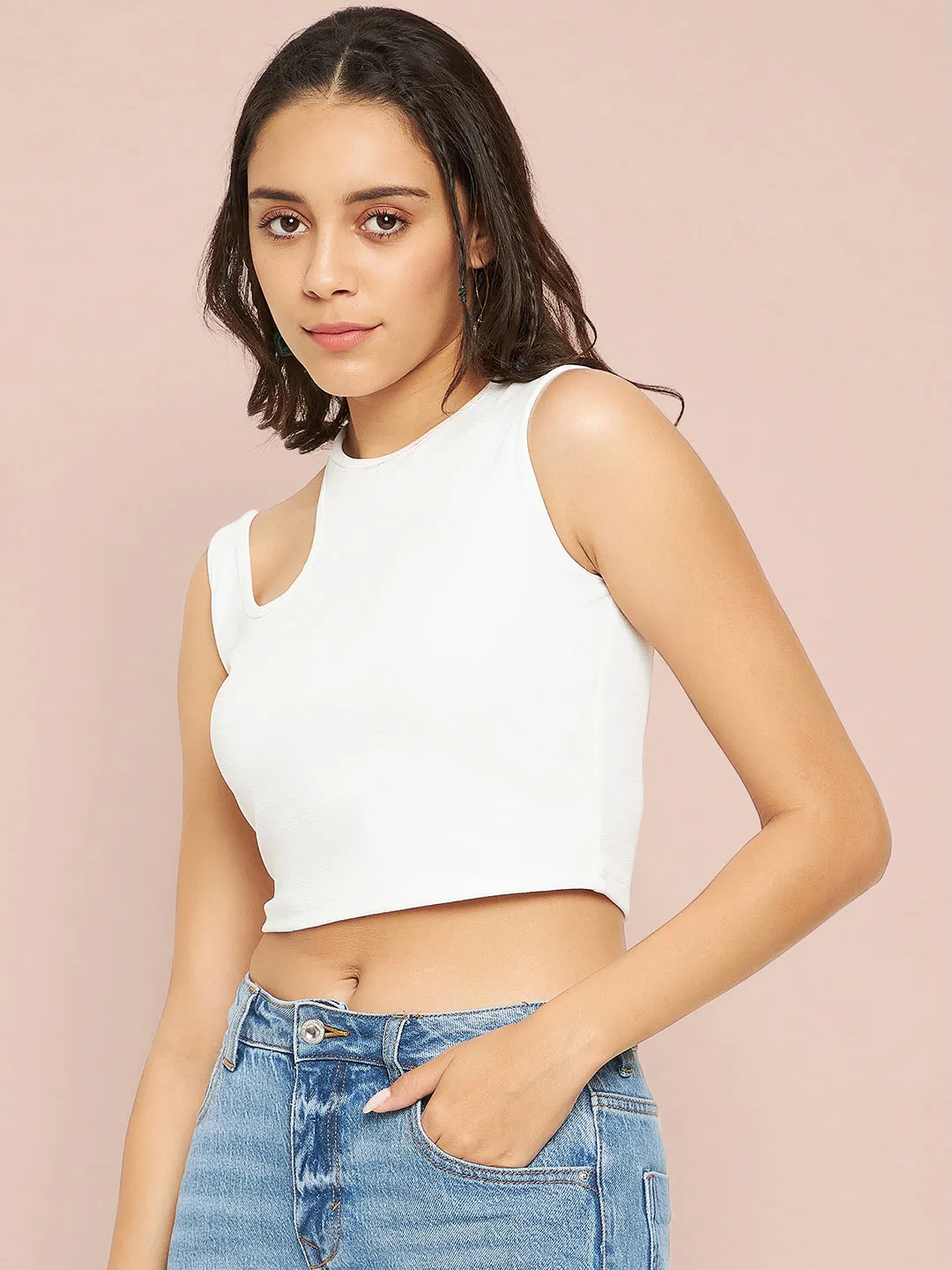 Cotton Stretchable Shoulder Cutout Crop Top