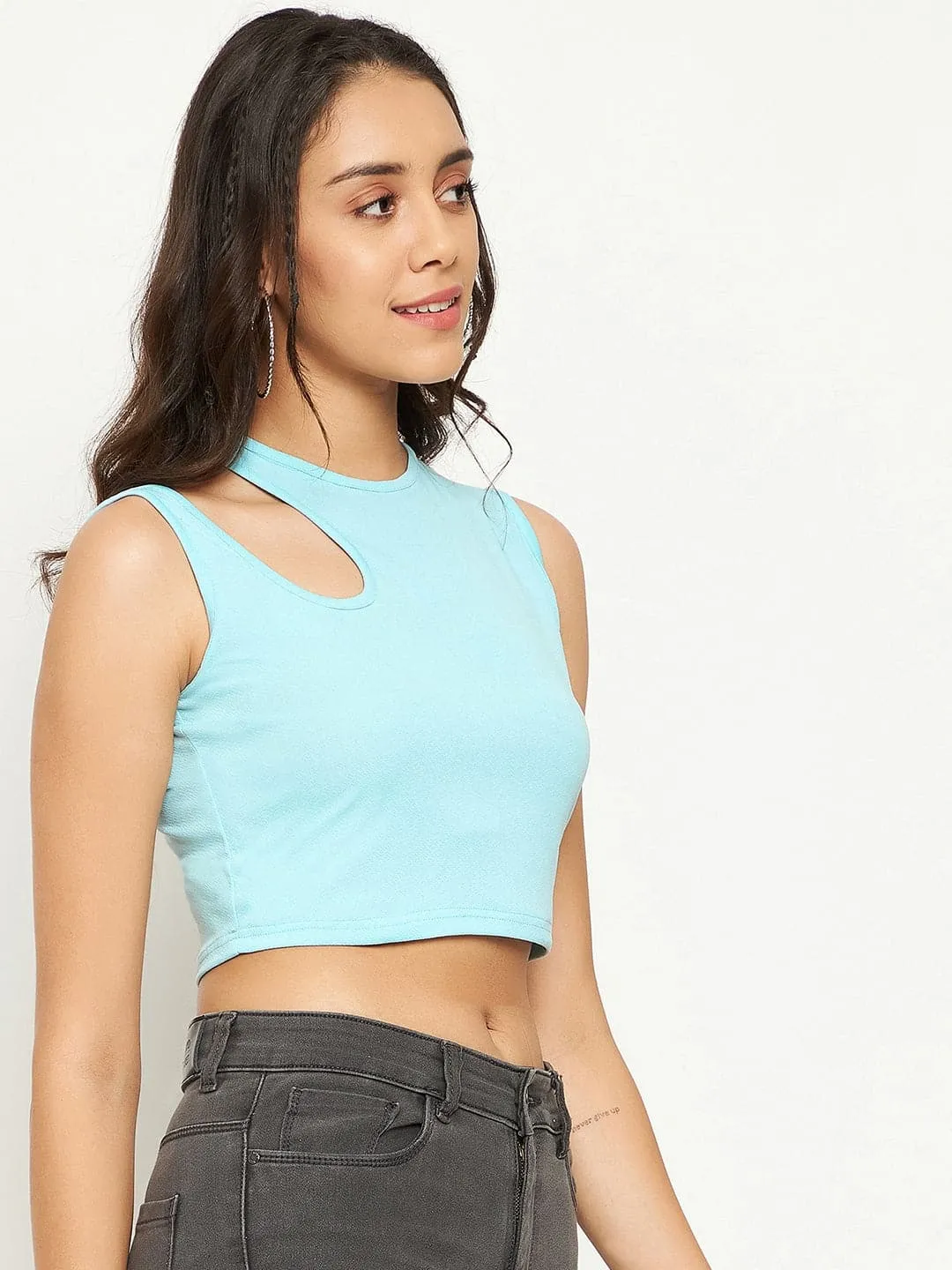 Cotton Stretchable Shoulder Cutout Crop Top