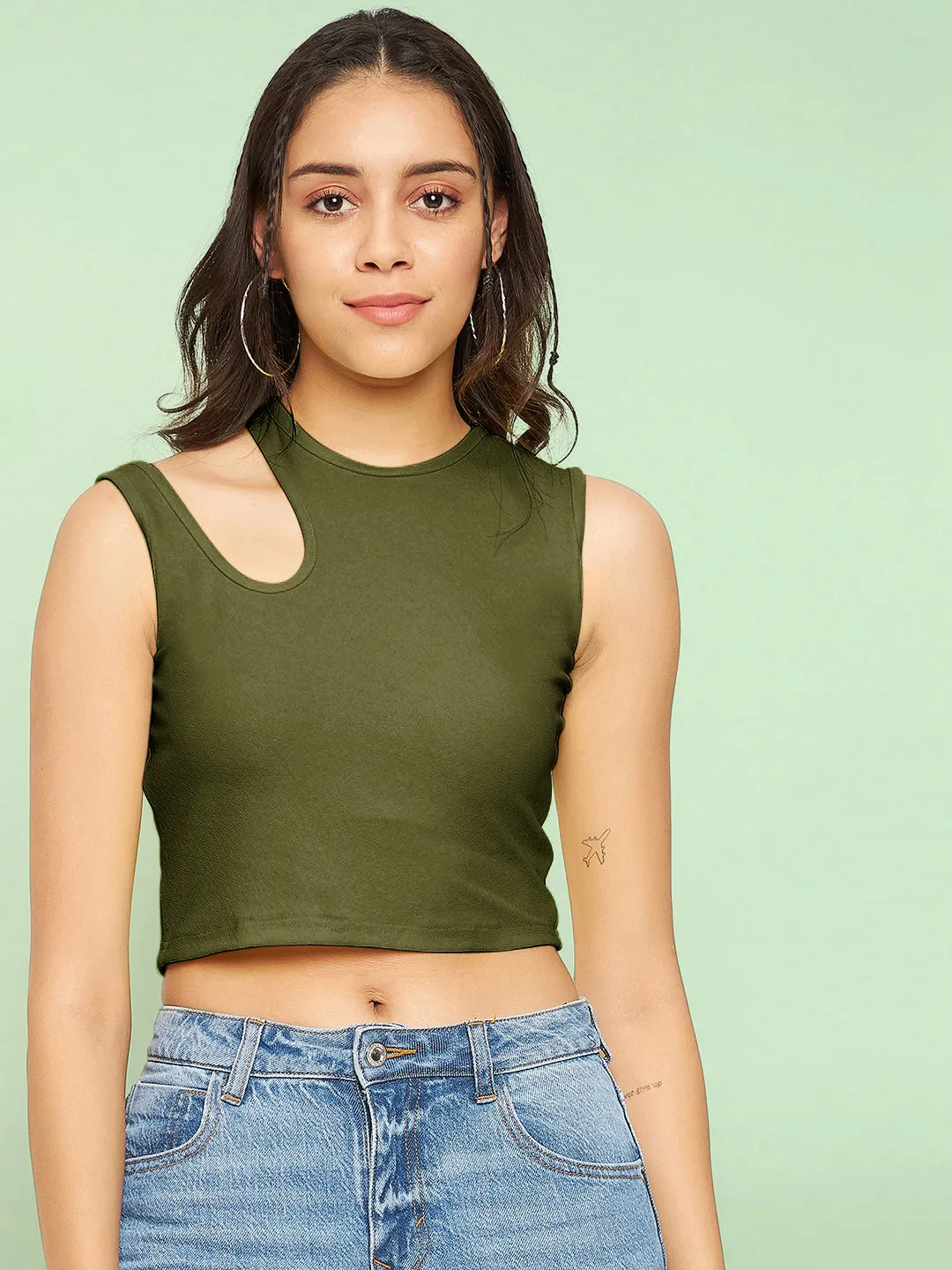 Cotton Stretchable Shoulder Cutout Crop Top