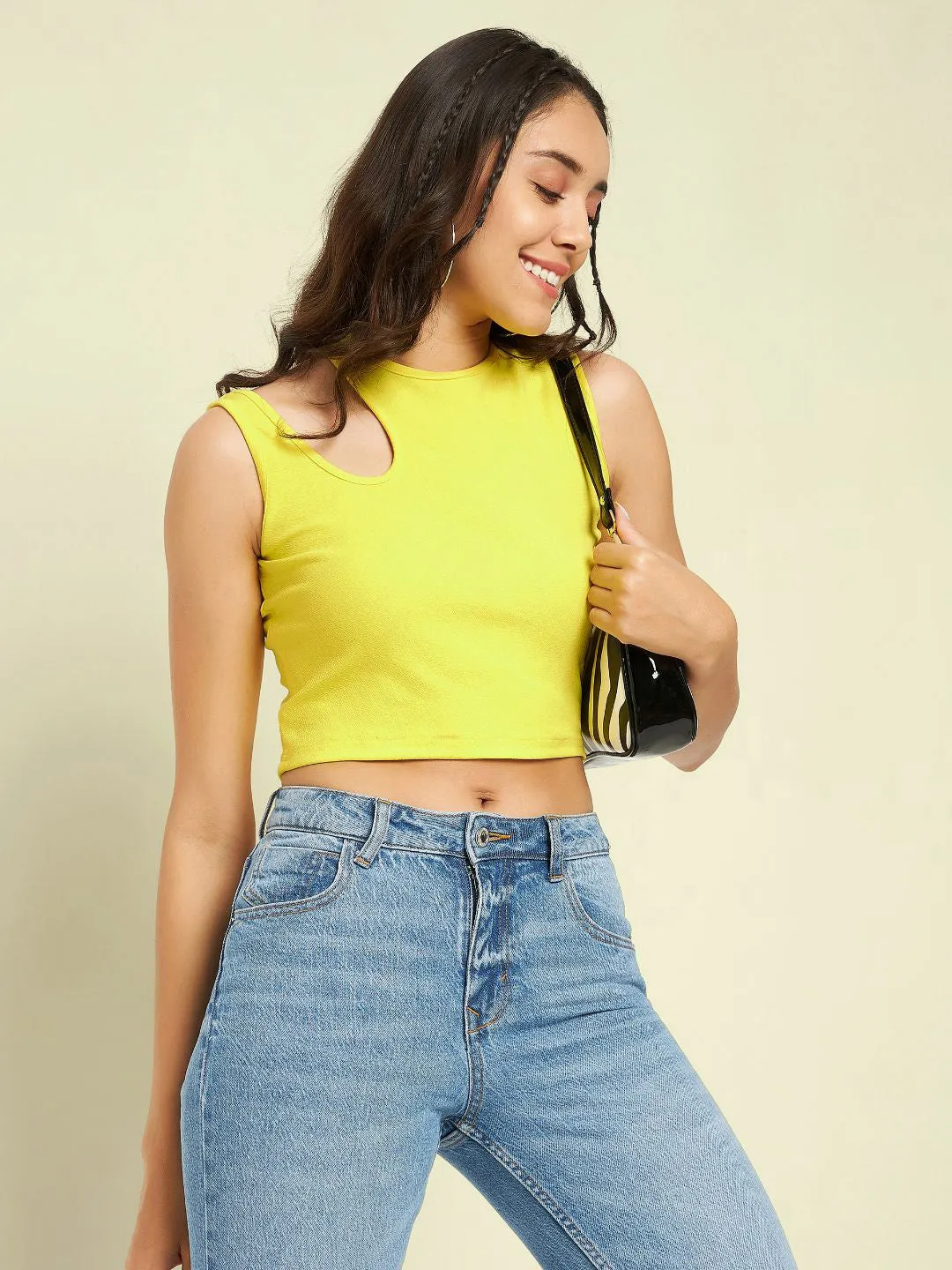 Cotton Stretchable Shoulder Cutout Crop Top