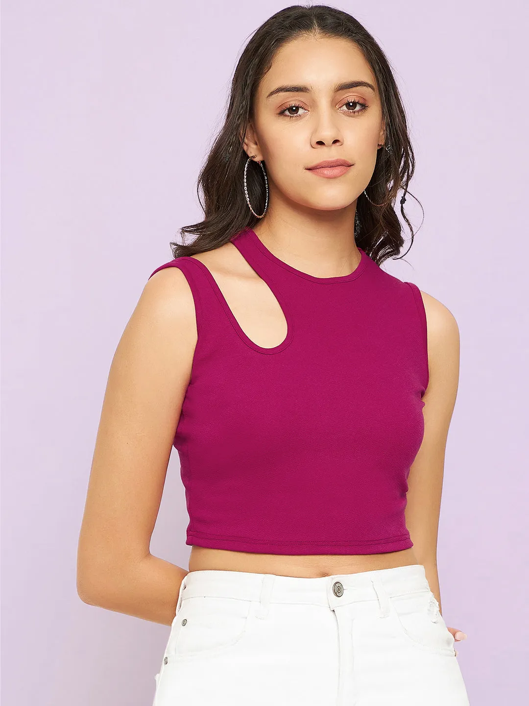 Cotton Stretchable Shoulder Cutout Crop Top