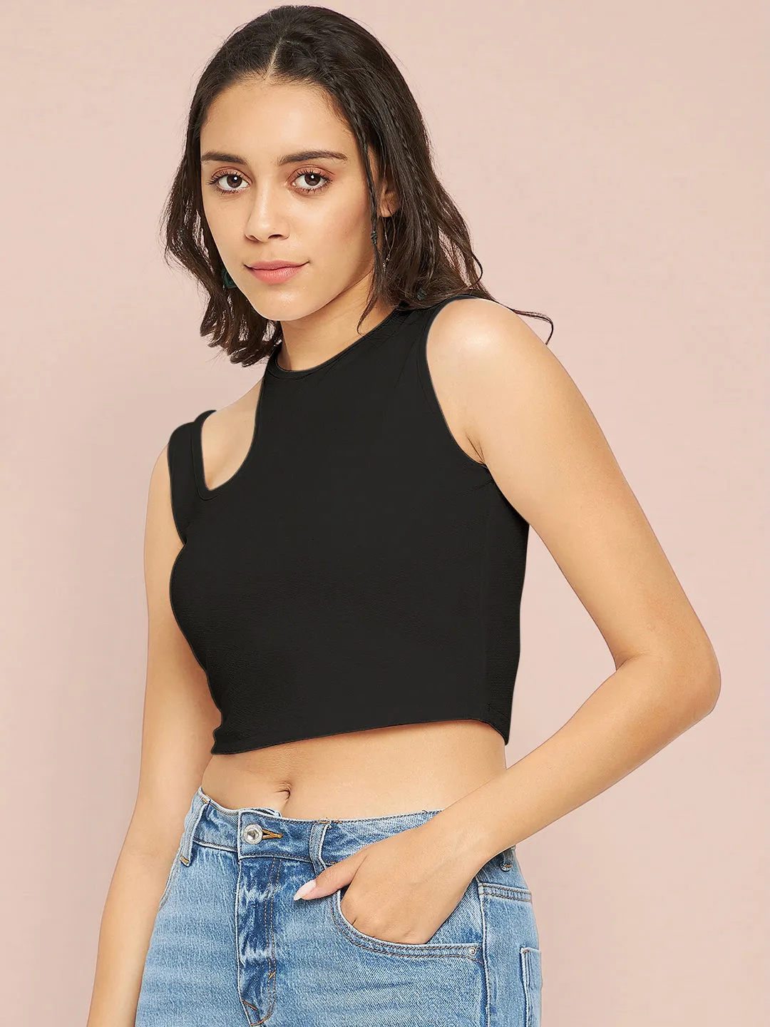 Cotton Stretchable Shoulder Cutout Crop Top