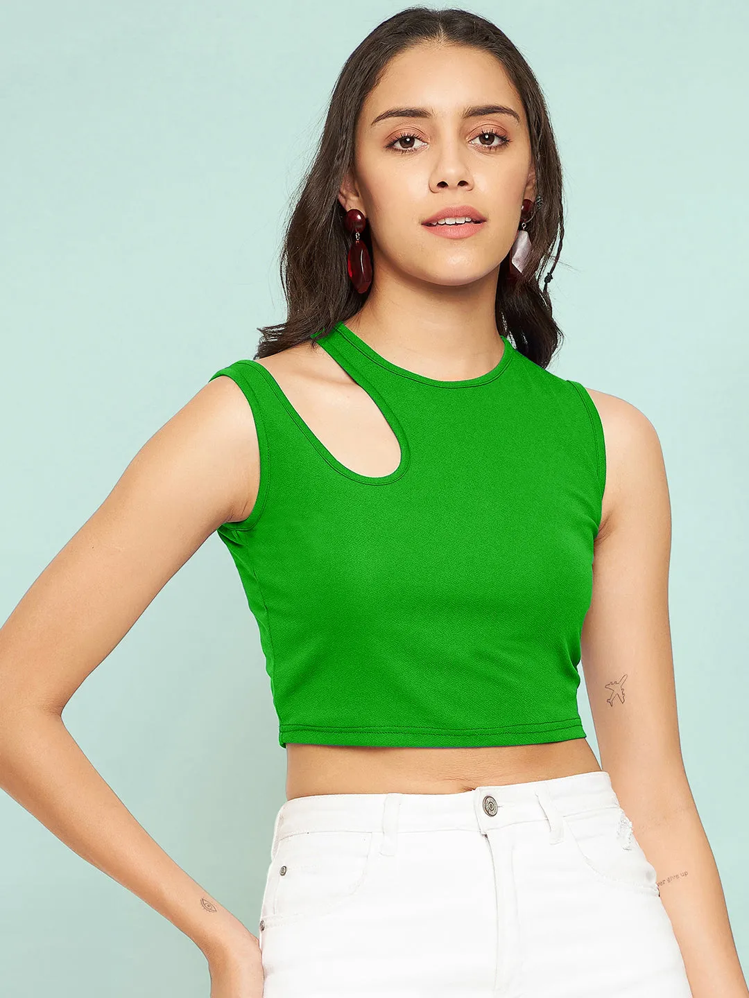 Cotton Stretchable Shoulder Cutout Crop Top