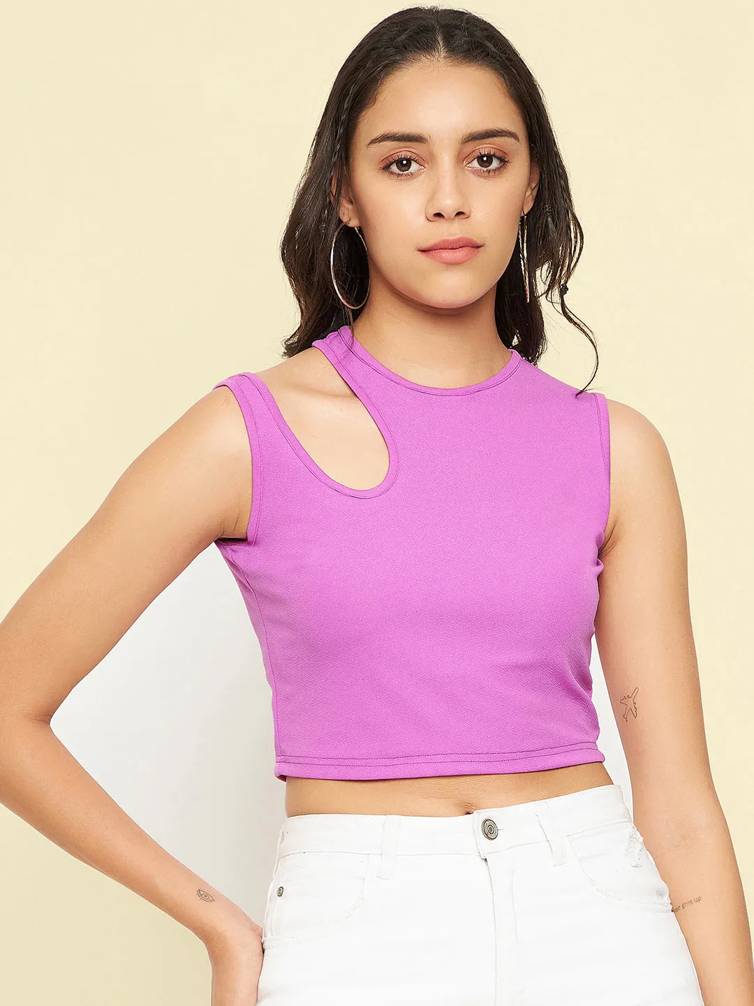 Cotton Stretchable Shoulder Cutout Crop Top