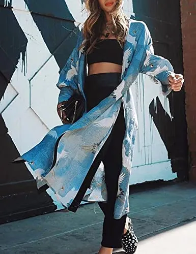 Crane Print Kimono: Women's Beach Cover Up with Belt