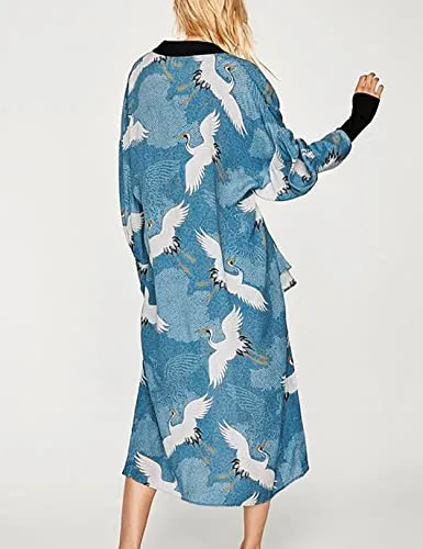 Crane Print Kimono: Women's Beach Cover Up with Belt