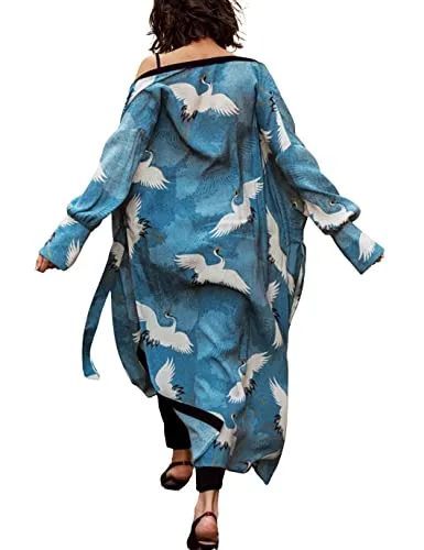 Crane Print Kimono: Women's Beach Cover Up with Belt