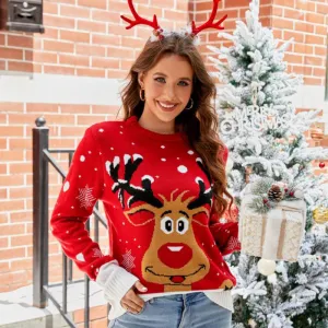 Cute Reindeer Ribbed Knit Crew Neck Long Sleeve Pullover Christmas Sweater