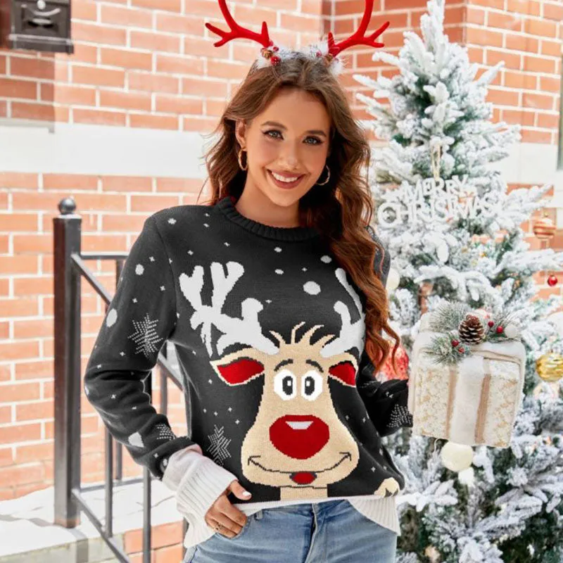 Cute Reindeer Ribbed Knit Crew Neck Long Sleeve Pullover Christmas Sweater