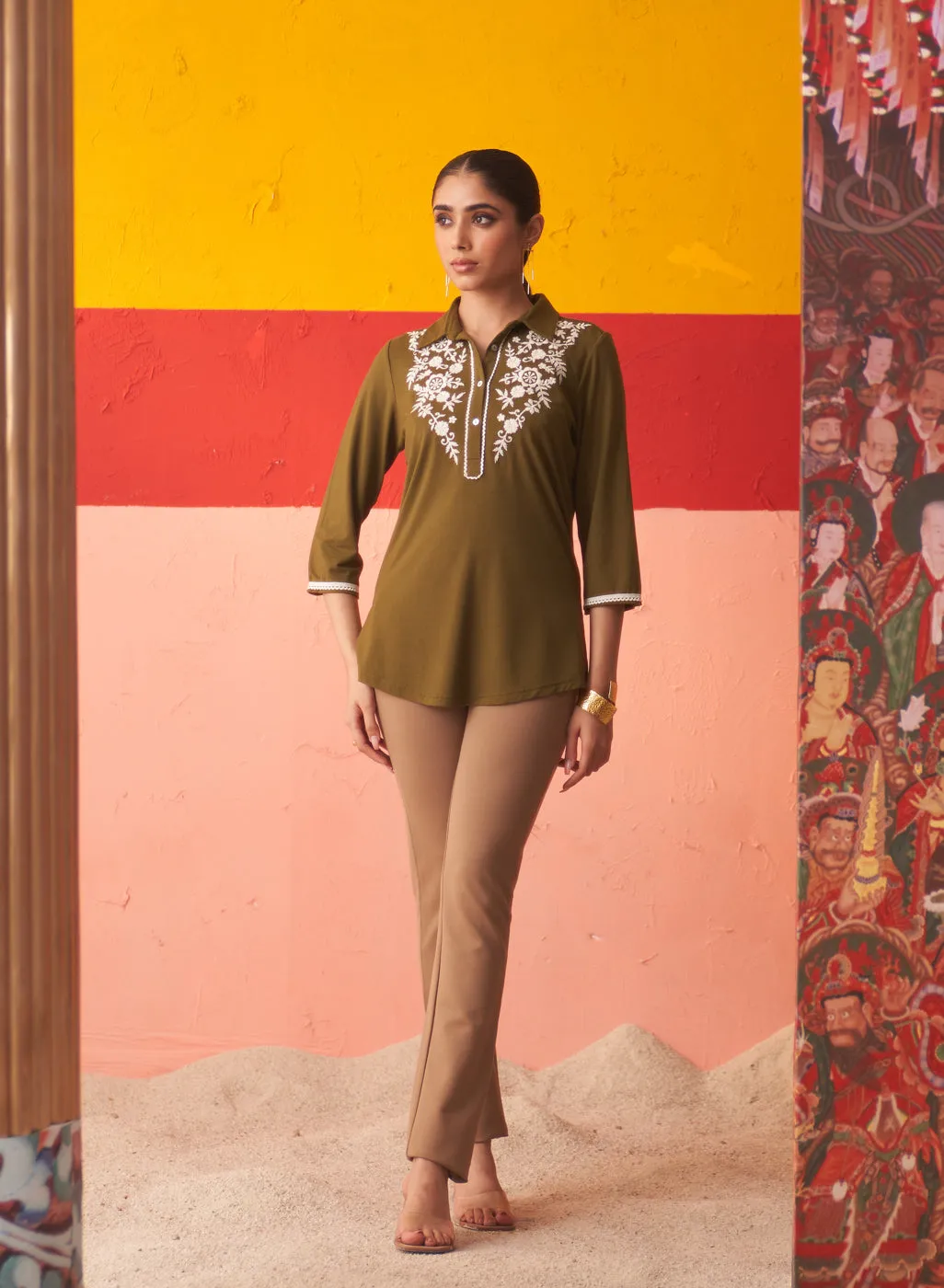 Dark Green Stretchable Kurti for Women with Threadwork and Lace Work