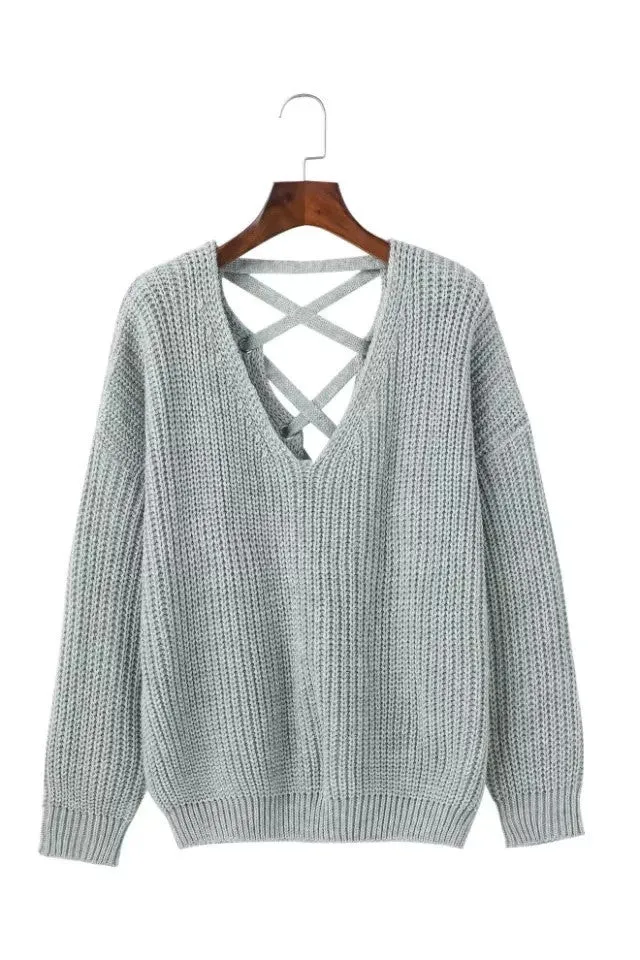 Deep V-neck Pure Color Back Straps Cross Pullover Sweater