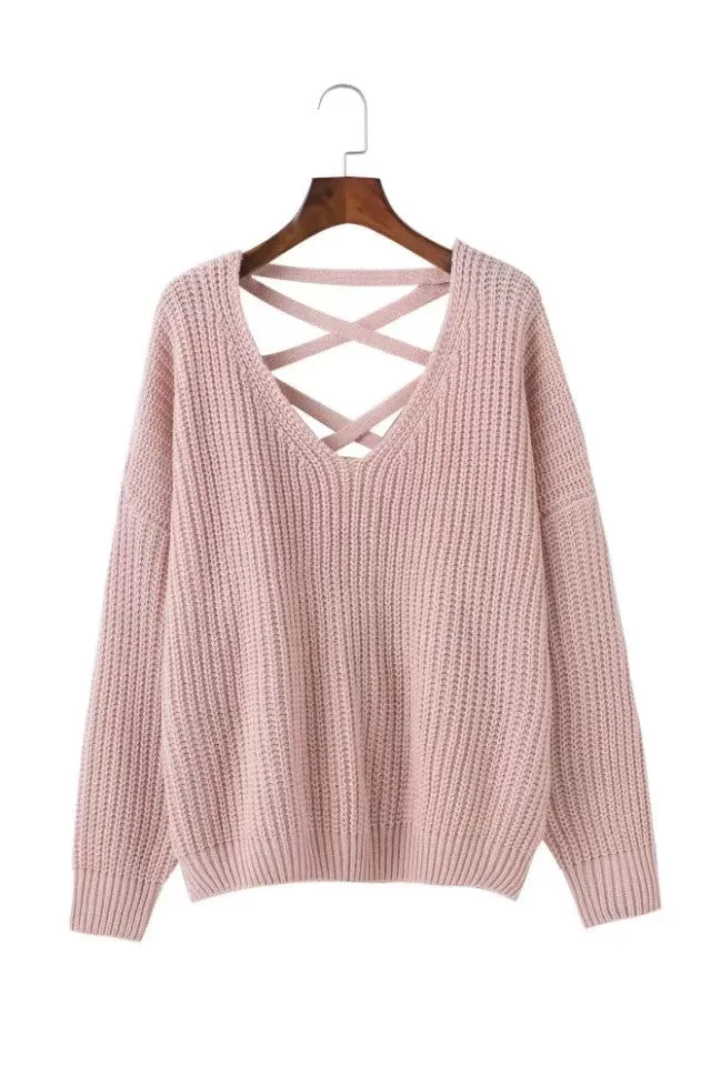 Deep V-neck Pure Color Back Straps Cross Pullover Sweater