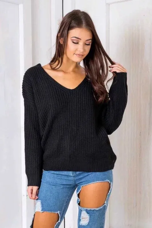 Deep V-neck Pure Color Back Straps Cross Pullover Sweater