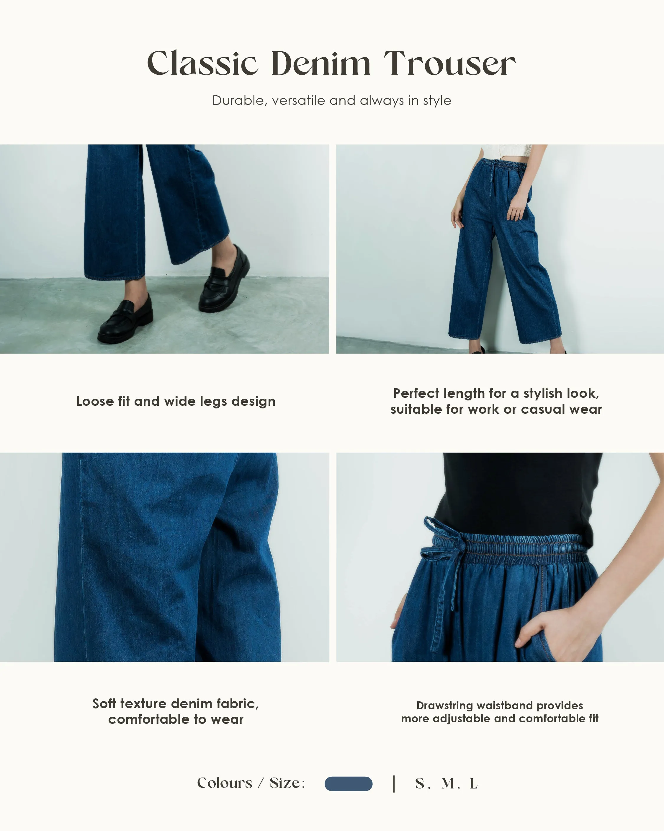 Drawstring Casual Denim Pants (Denim)