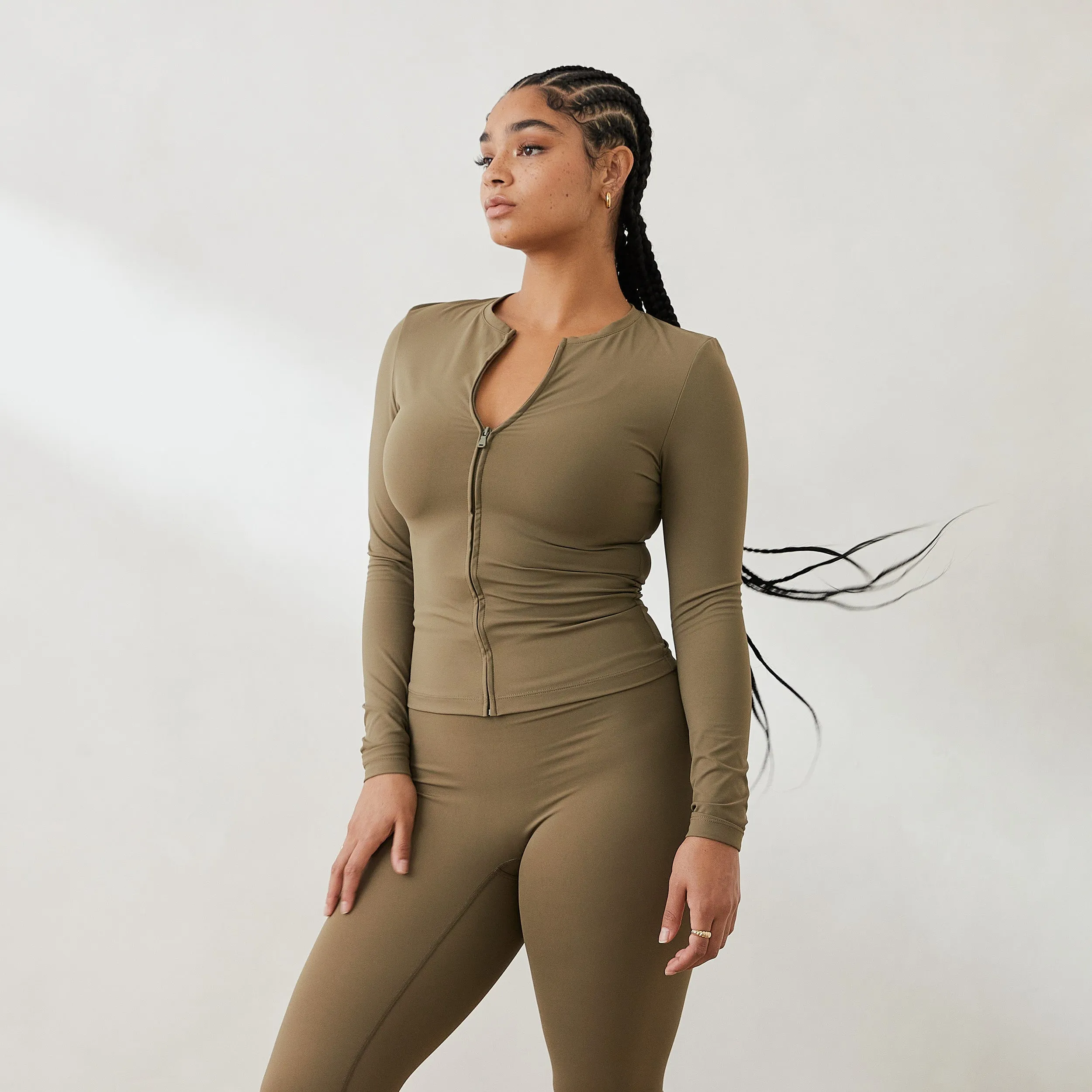 Essential Long Sleeve Zip Up Top - Olive