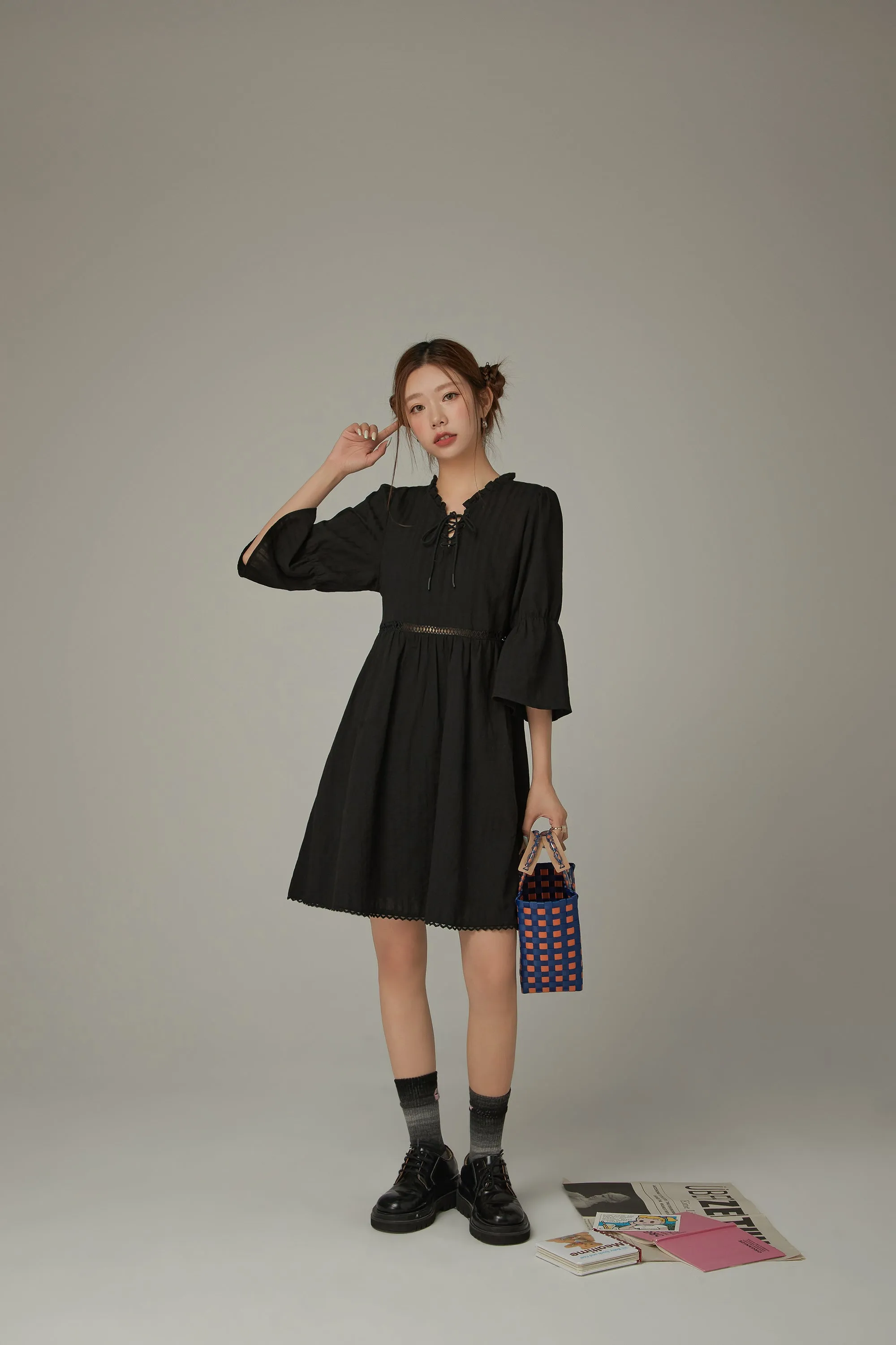 Frill Laceup Flowy Sleeve Dress