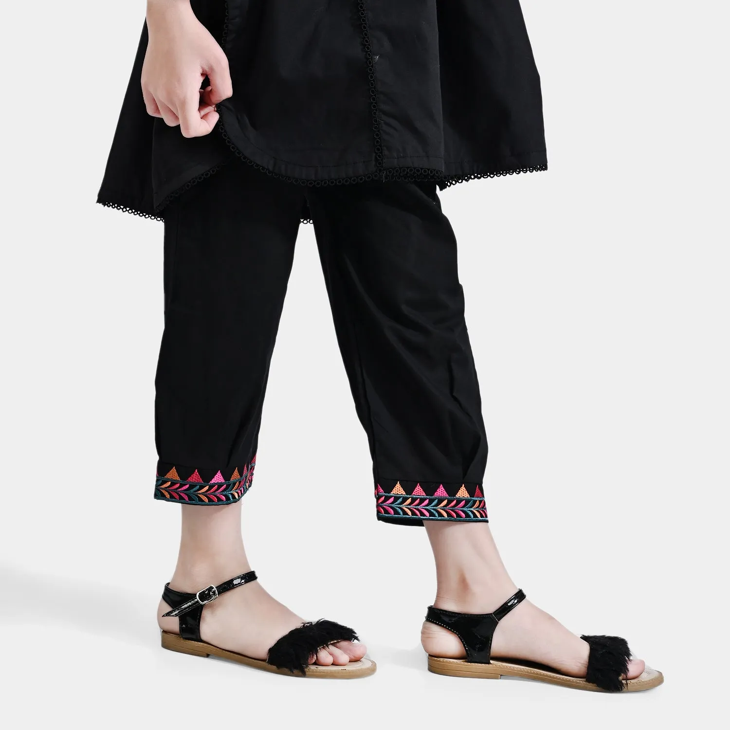 Girls Cotton Embroidered Pant-BLACK