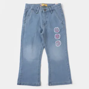 Girls Denim Pant Smiley Face  - Ice Blue