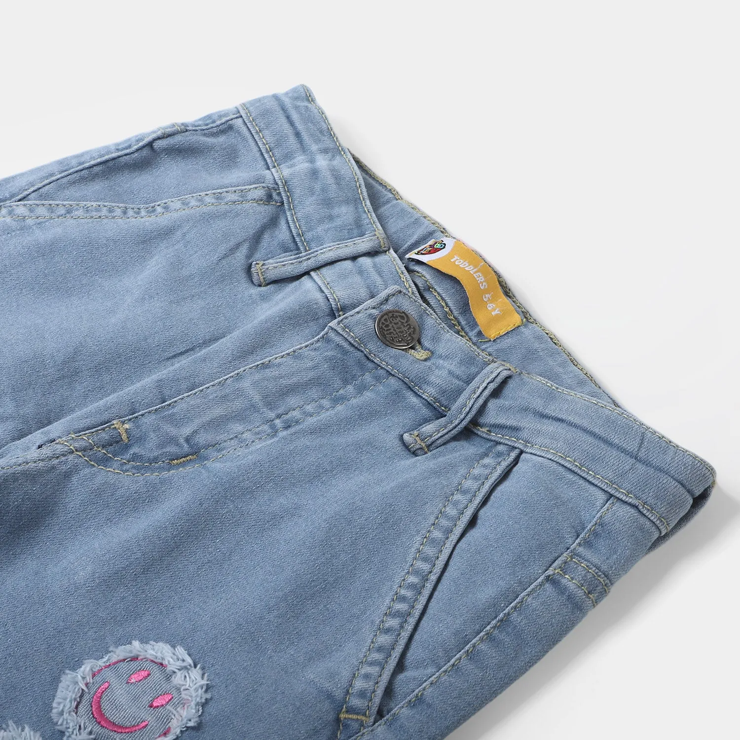 Girls Denim Pant Smiley Face  - Ice Blue