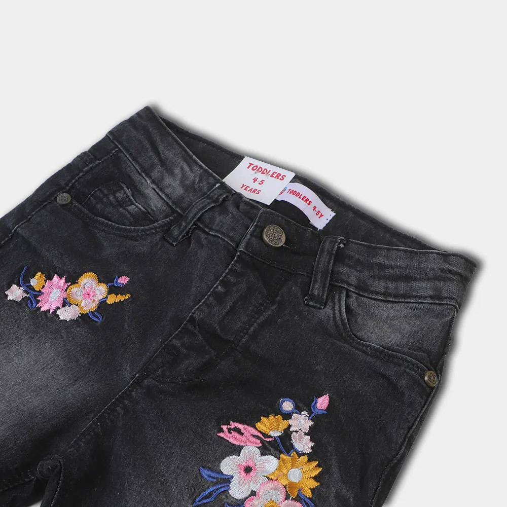 Girls Pant Denim Flower EMB - BLACK