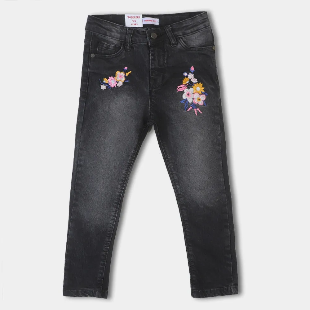 Girls Pant Denim Flower EMB - BLACK