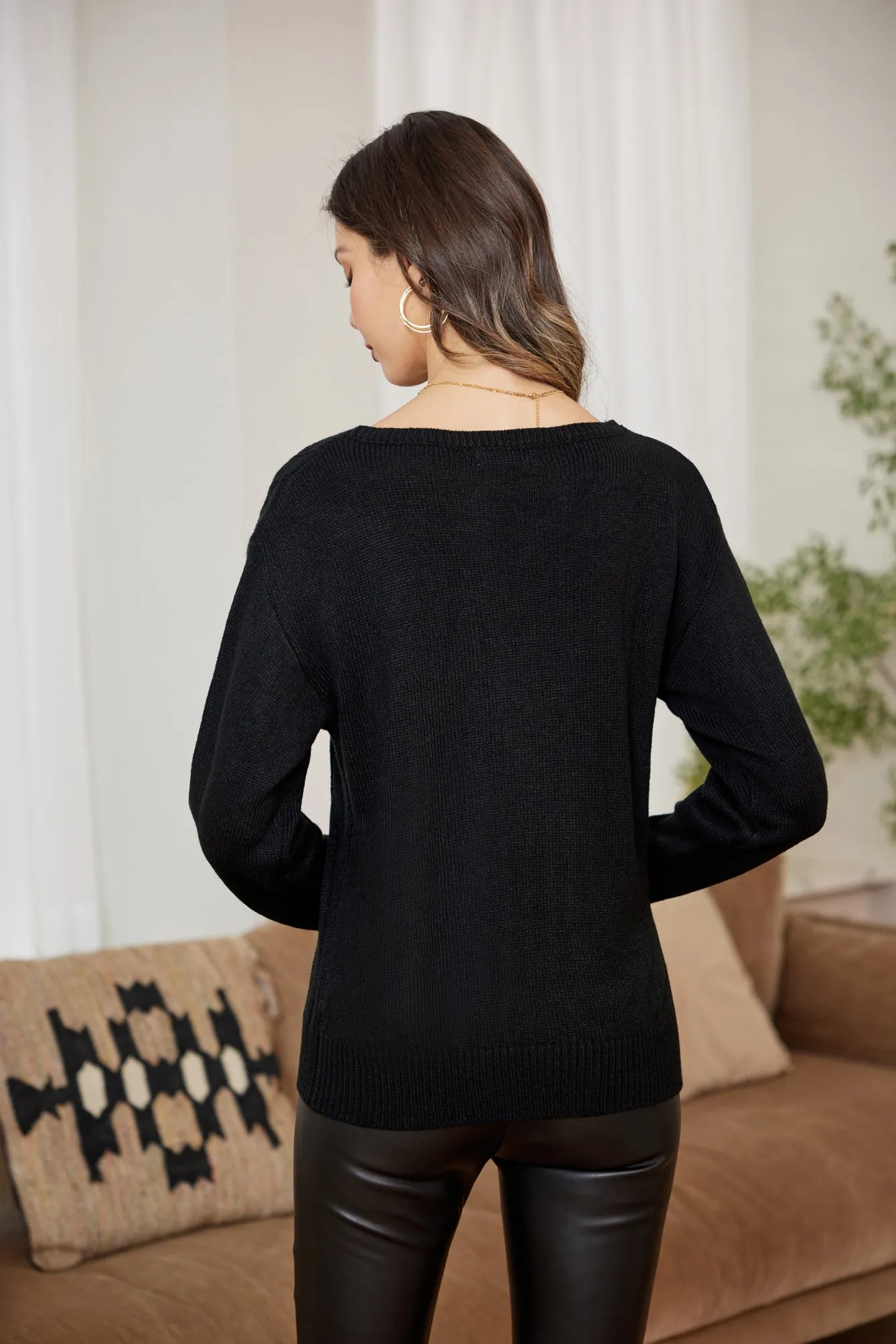 Hollowed-out Sweater Long Sleeve Dropped Shoulder V-Neck Pullover