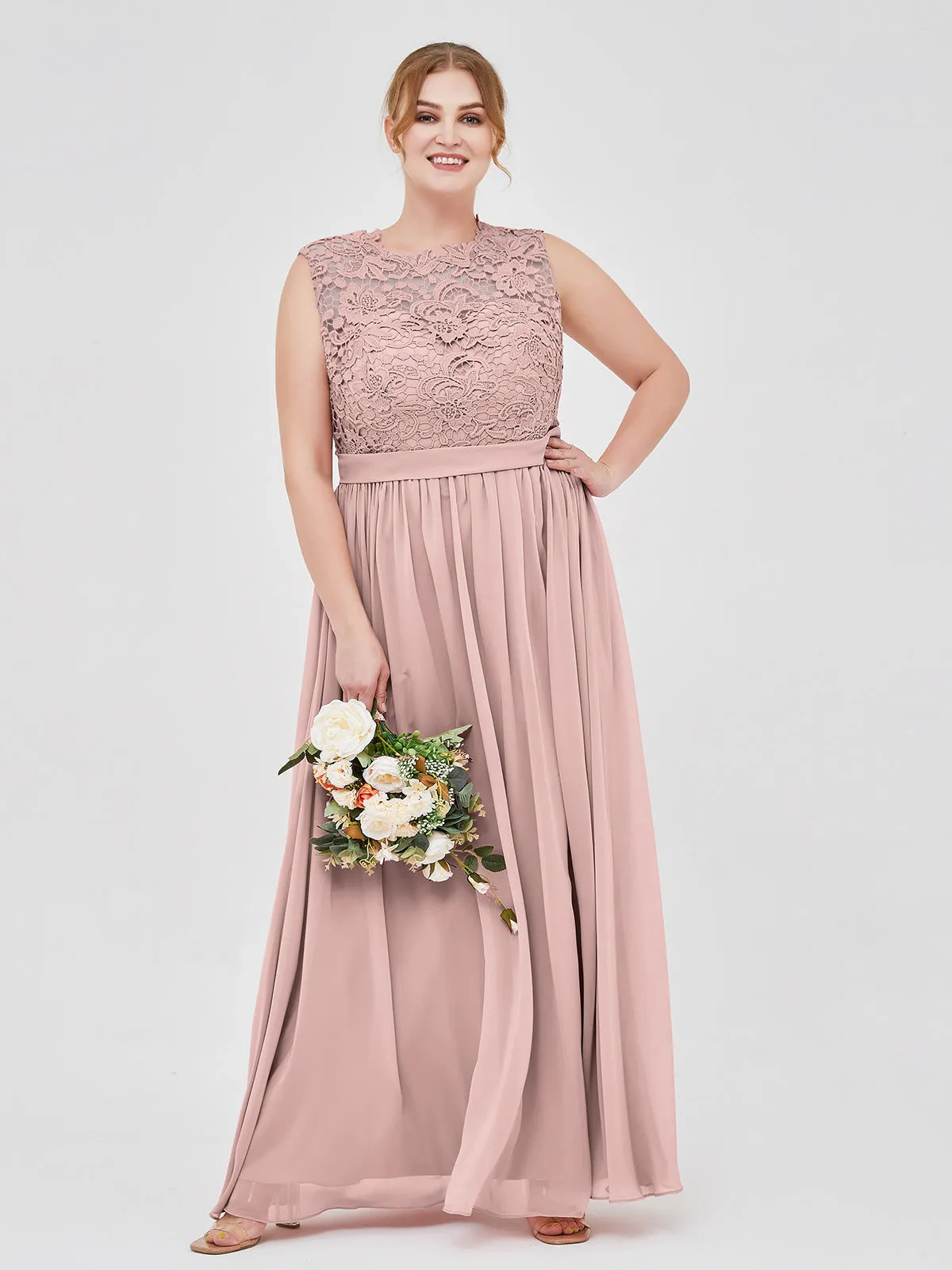 Illusion Neck Chiffon and Lace Dresses Dusty Rose